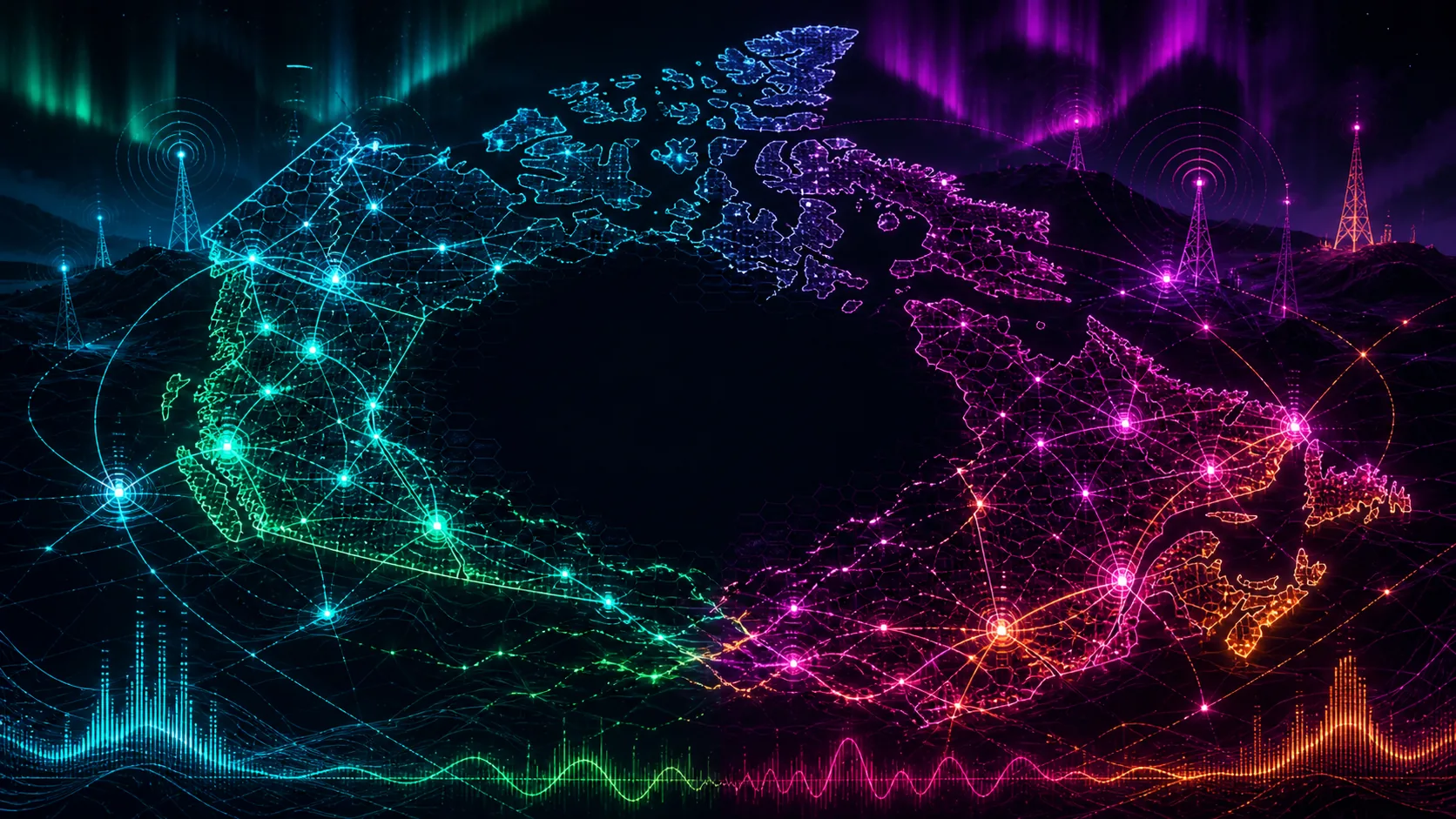 Dark neon map of Canada crossed by cyan, green, magenta, and orange radio paths